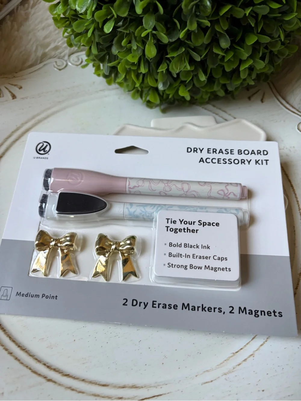 Pink Dry Erase Accessory Kit with Gold Bow Magnets